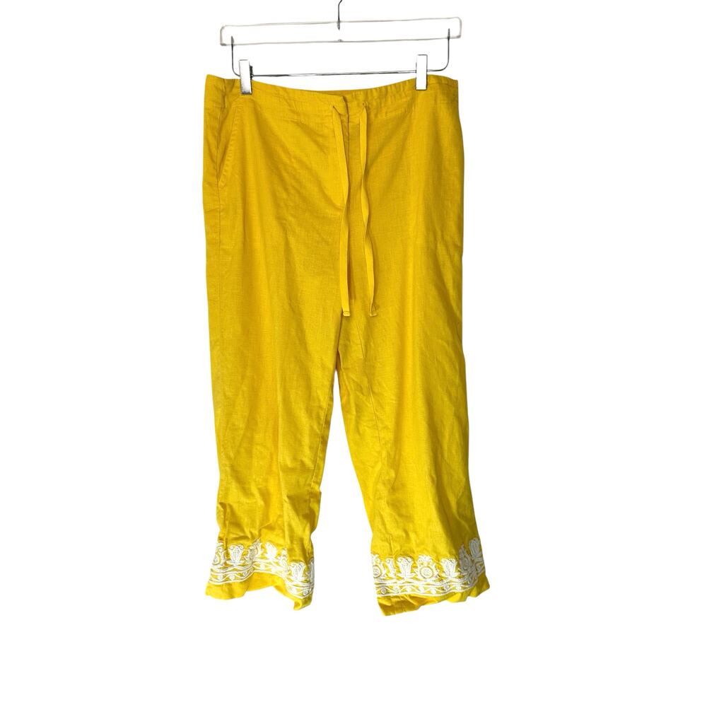Talbots‎ Pants Linen Cotton Yellow Embroidered Cotton Lagenlook Vacation Size 10